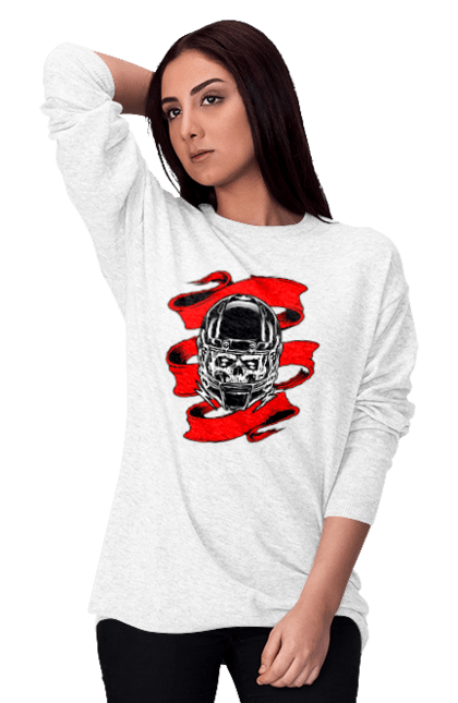 Women`s sweatshirt with prints Skull in a motorcycle helmet. Helmet, moto, skull, tape. 2070702