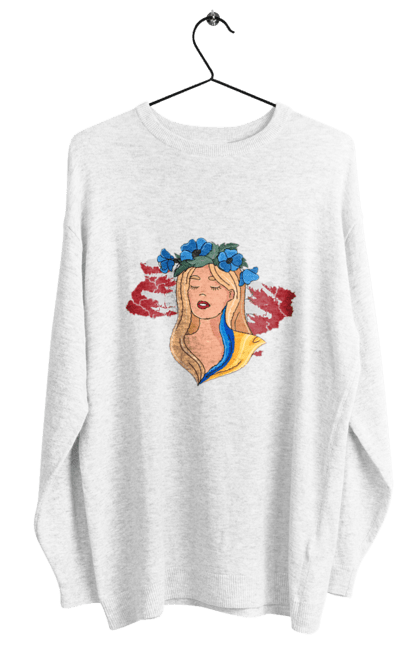 Світшот жіночий з принтом "Дівчина на карті України". Дівчина, дівчина на карті, жовтий, карта україни, квіти, прапор, синій, україна, червоний. 2070702