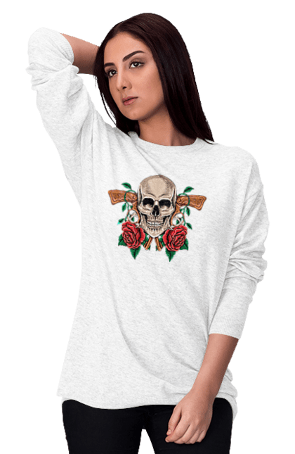 Women's sweatshirt with prints Skull with roses. Bones, eyes, flowers, gun, leaves, rose flower, scull, spikes, teeth. 2070702