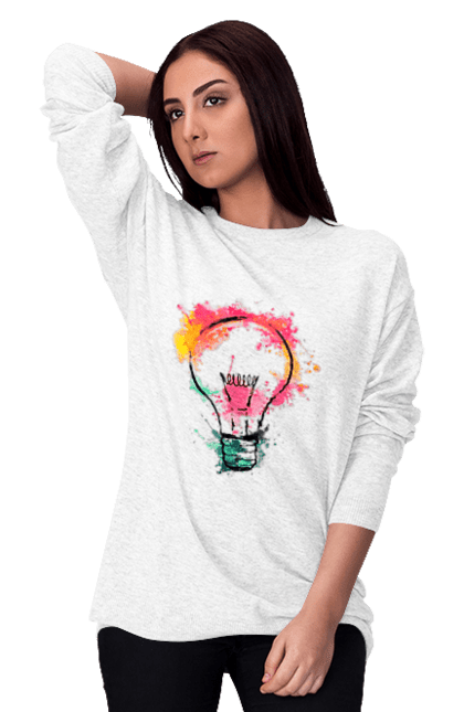Світшот жіночий з принтом "Лампочка". Вибухова лампа, електролампа, кольорова елеткролампа, кольорова лампочка, лампа, лампа настрій, світло лампи, свічусь. ART принт на футболках