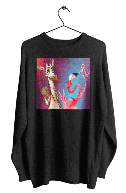 Men`s sweatshirt with prints Giraffe And Flamingo At The Party. Cocktail, flamingo, food, giraffe. 2070702
