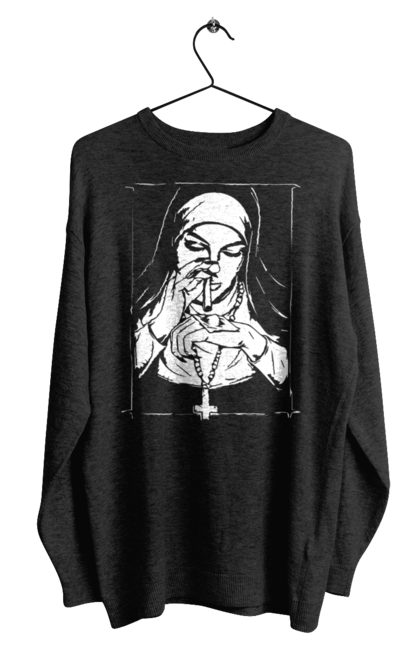 Men`s sweatshirt with prints The nun sniffs the powder. Cool, cross, fashionable, nun, popular. 2070702