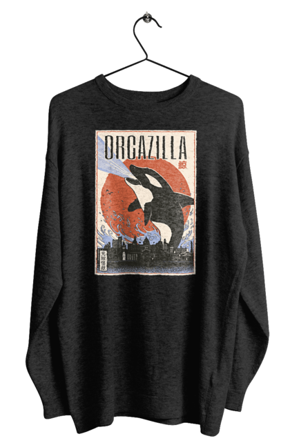 Men's sweatshirt with prints Orcazilla. Cartoon style design, graphic, japan print, japanese, japanese art, japanese poster, japanese poster orca, ocean wildlife, orca, orcazilla. 2070702