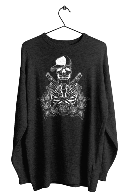 Men's sweatshirt with prints Skeleton with pistols. Black and white, bones, cap, gun, roses, scull, skeleton, teeth. 2070702