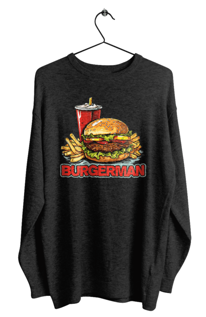 Світшот чоловічий з принтом "Burgerman". Бургер, для чоловіків, їжа, літні, макдональдс, прикольні, трендові, фаст фуд, чоловічі. 2070702