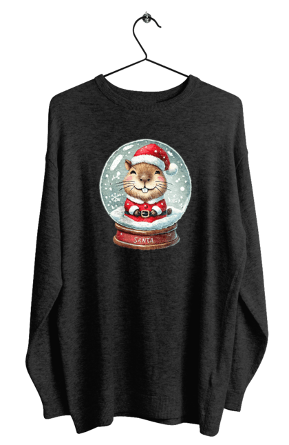 Men's sweatshirt with prints Capybara in a snow globe. Animal, capybara, christmas, christmas capybara, gift, holiday, new year, new year`s gift, santa, snow globe. 2070702