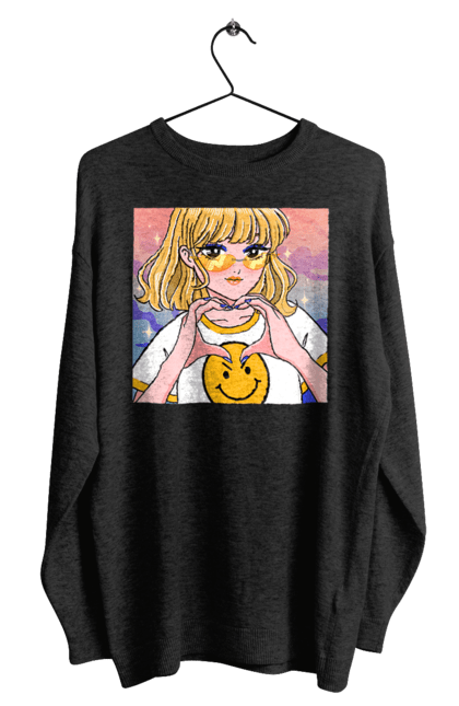 Світшот чоловічий з принтом "Жовта Дівчинка". Аніме, дівчинка, смайл. 2070702