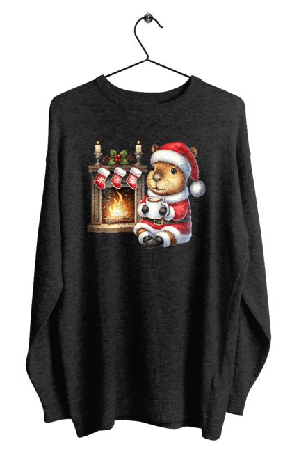 Men's sweatshirt with prints Capybara by the fireplace with hot chocolate. Animal, capybara, christmas, christmas capybara, fireplace, gift, holiday, hot chocolate, new year, santa. 2070702