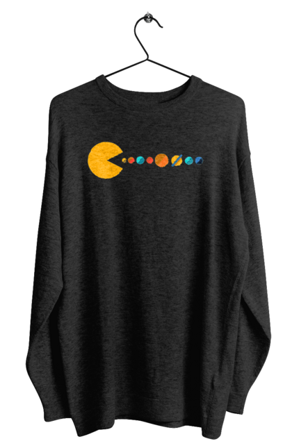 Світшот чоловічий з принтом "Pac Man Planets". Atari, namco, pac man, аркадна відеогра, відеогра, комп`ютерна гра, космос, лабіринт, планети, сонячна система. 2070702