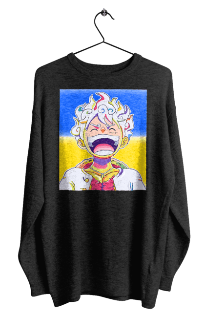 Світшот чоловічий з принтом "Монкі д Луффі сміється на жовто блактному фоні". Ван піс, луффі, монкі д. луффі, прапор україни, символ україни, україна. 2070702