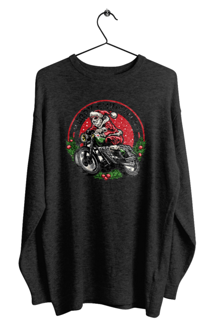 Світшот чоловічий з принтом "Щасливого Різдва, дід мороз на мотоциклі". 2022, дід мороз, зима, мотоцикл, новий рік, подарунки, різдво, санта, сніг. 2070702