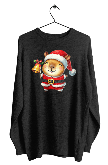 Men's sweatshirt with prints Funny capybara with a bell. Animal, bell, capybara, christmas, christmas capybara, gift, holiday, new year, new year`s gift, santa. 2070702