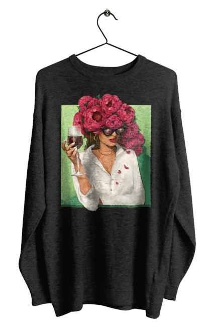 Світшот чоловічий з принтом "Дівчина з півоніями та келихом". Вино, дівчина, квітка, келих, літо, окуляри, півонії, сорочка. 2070702