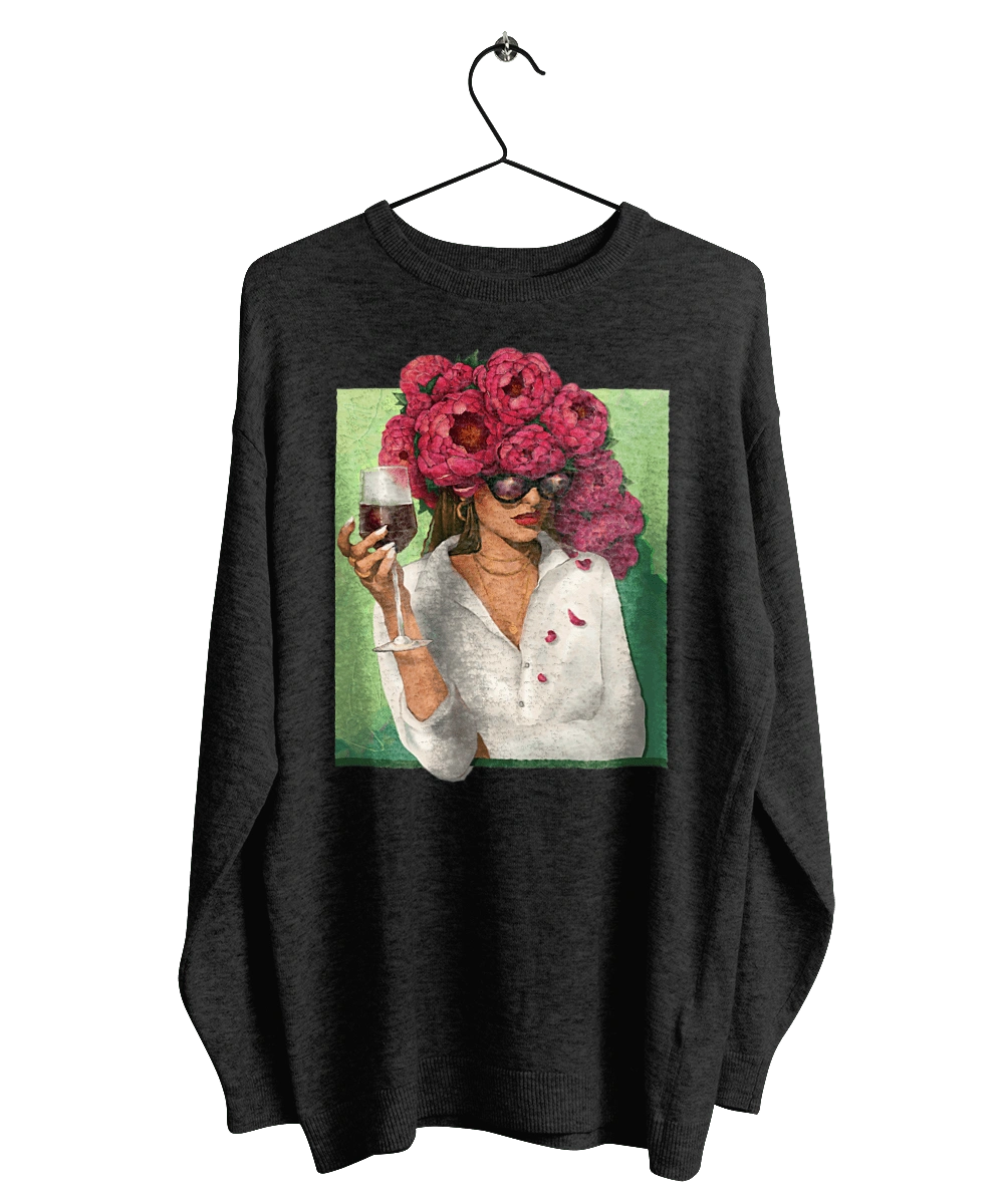 Девушка с пионами и бокалом