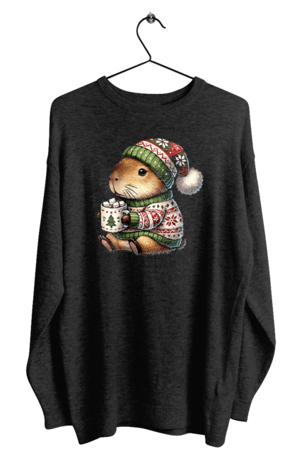 Men's sweatshirt with prints Capybara with hot chocolate. Animal, capybara, christmas, christmas capybara, gift, holiday, hot chocolate, new year, santa. 2070702