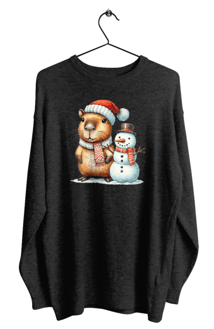 Men's sweatshirt with prints Capybara and Snowman. Animal, capybara, christmas, christmas capybara, gift, holiday, new year, new year`s gift, santa, snowman. 2070702