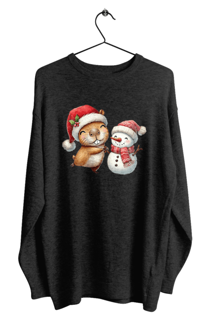 Men's sweatshirt with prints Capybara and Snowman. Animal, capybara, christmas, christmas capybara, gift, holiday, new year, new year`s gift, santa, snowman. 2070702