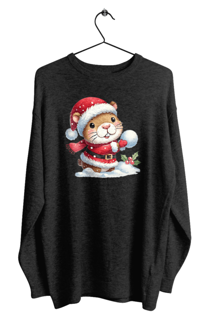 Men's sweatshirt with prints Capybara playing snowballs. Animal, capybara, christmas, christmas capybara, game, gift, holiday, new year, santa, snowballs. 2070702