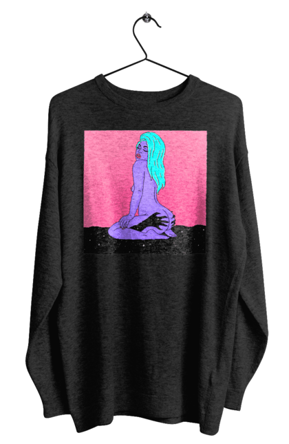 Світшот чоловічий з принтом "Фіолетова Дівчина В Руках". Дівчина, інопланетянка, сидить. 2070702