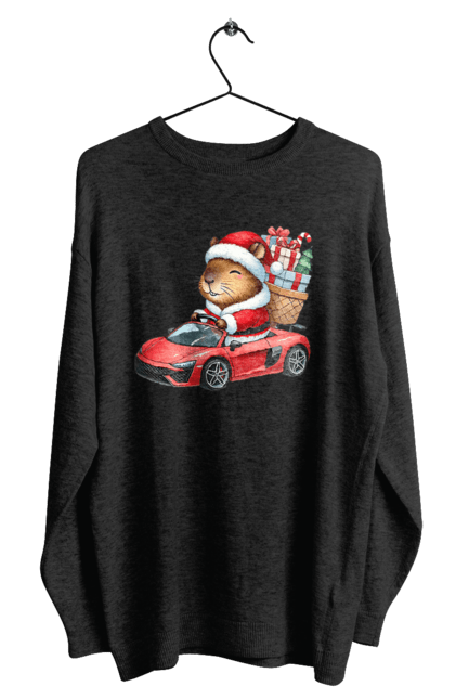 Men's sweatshirt with prints Christmas Capybara with a Gift. Animal, capybara, car, christmas, christmas capybara, gift, holiday, new year, new year`s gift, santa. 2070702