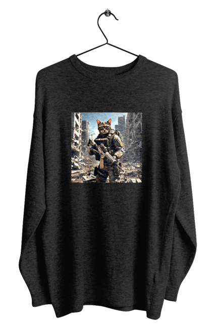 Світшот чоловічий з принтом "Кіт десантник". Бронежилет, війна, військовий, гвинтівка, захисник, камуфляж, кіт, рушниця. 2070702