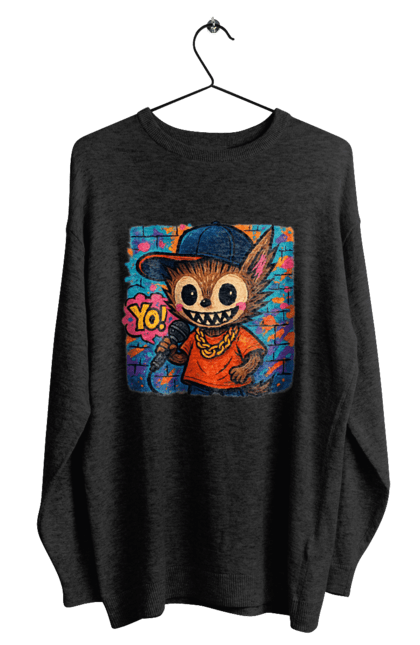 Світшот чоловічий з принтом "Лабубу". Бейсболка, вуличне мистецтво, графіті, золотийланцюг, лабубу, мікрофон, міський стиль, репатмосфера, хіпхоп, яскраво. 2070702