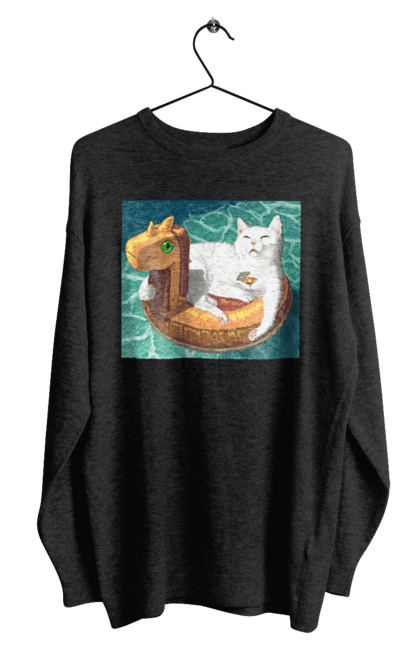 Світшот чоловічий з принтом "Білий кіт у плавальному колі, на відпочинку". Басейн, відпочинок, кіт, коктейль, море, плавальний круг. 2070702