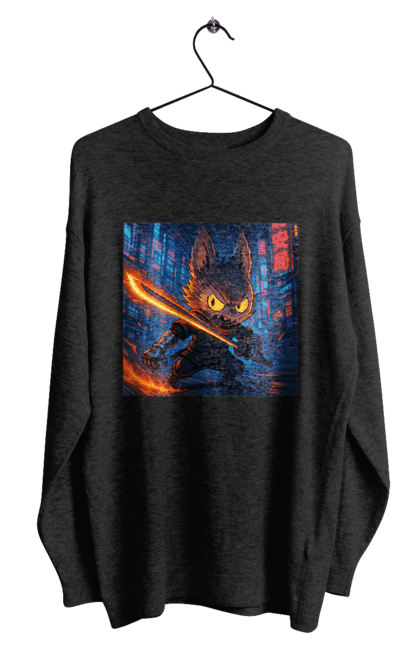 Світшот чоловічий з принтом "Лабубу". Аніместиль, дія, катана, кіберніндзя, кіберпанк, лабубу, меч, неонове місто, очі` що світяться. 2070702