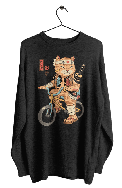 Світшот чоловічий з принтом "Кіт на велосипеді". Велосипед, кинжал, китайський кіт, кіт, самурай, шабля, японський кіт. CustomPrint.market