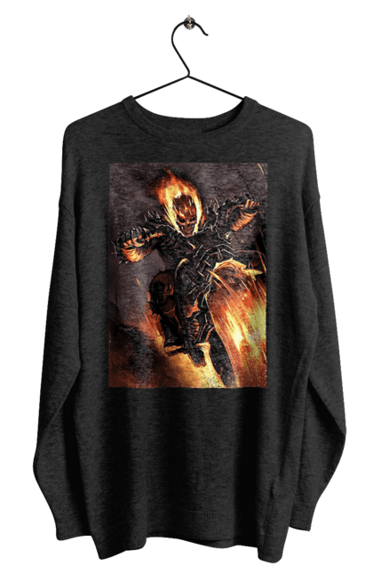 Світшот чоловічий з принтом "Пекельний Гонщик". Вогонь, мотоцикл, пекельний гонщик, скелет, чоппер. 2070702