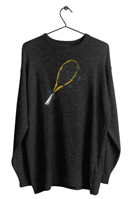 Men`s sweatshirt with prints Tennis racket. Ball, ground tournament, players, prize fund, racket, soil, sponsor, tennis, tournament grid. 2070702