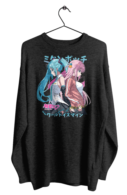 Men's sweatshirt with prints Hatsune Miku and Hitori Gotou. Anime, bocchi the rock, hatsune miku, hitori goto, hitori gotou, lonely rocker, miku, rocker, vocaloid. 2070702