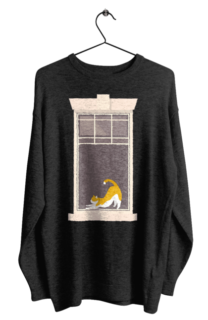 Світшот чоловічий з принтом "Кіт В Вікні". Вікно, кіт, потягушки, рудий. 2070702