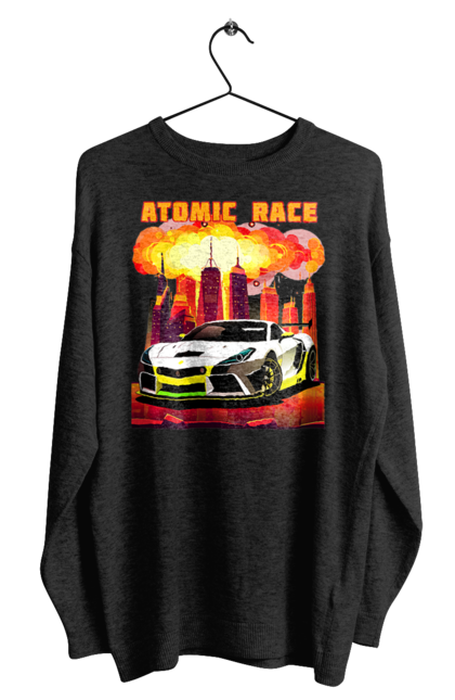 Світшот чоловічий з принтом "Атомна гонка". Авто, автомобіль, атомні перегони, гонки, гоночні машини, спортивна машина, спорткар. 2070702