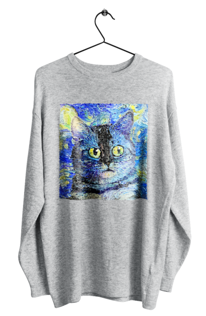 Світшот чоловічий з принтом "Кіт ван Гога". Абстракція, гумор, жарт, кіт, мем, смішне, тварини. PrintMarket - інтернет-магазин одягу та аксесуарів з принтами плюс конструктор принтів - створи свій унікальний дизайн