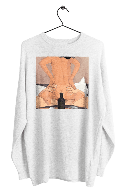 Men`s sweatshirt with prints Naked Girl, Bottle And Cigarettes. From above, naked. 2070702