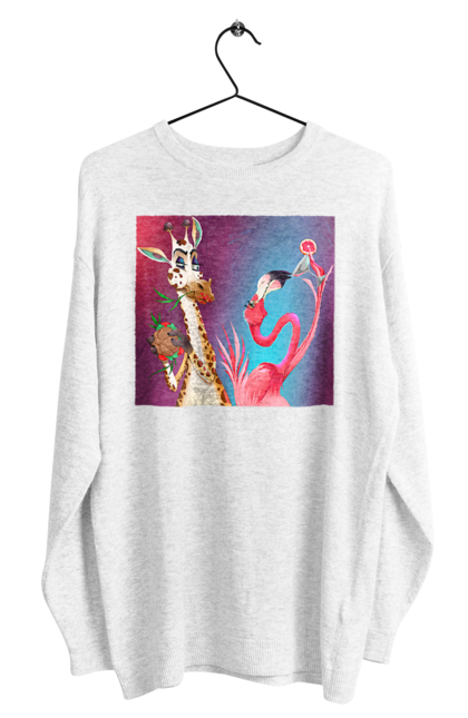 Світшот чоловічий з принтом "Жираф І Фламінго На Вечірці". Жираф, їжа, коктейль, фламінго. 2070702