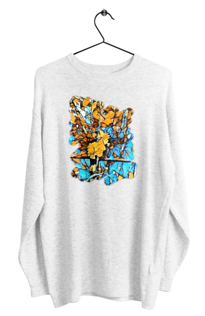 Світшот чоловічий з принтом "Жовті квіти на синьому фоні". Арт, жовтий та синій, жовті квіти, жовто-синій, квіти, малюнок, природа, синій та жовтий, синьо-жовтий. 2070702