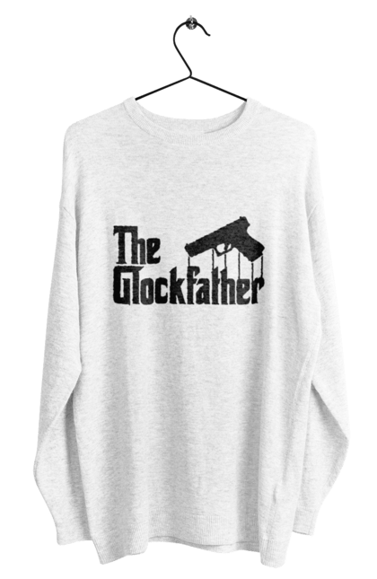 Свитшот мужской с принтом The GlockFather. Gangster, glockfather, godfather, godfather reference, гангстер, глок, огнестрельное оружие, оружие, пистолет. 2070702