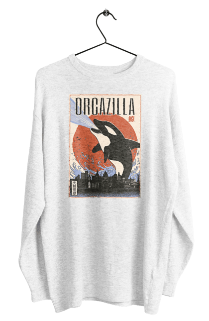 Men's sweatshirt with prints Orcazilla. Cartoon style design, graphic, japan print, japanese, japanese art, japanese poster, japanese poster orca, ocean wildlife, orca, orcazilla. 2070702