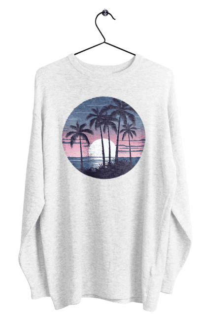 Світшот чоловічий з принтом "Пальмовий пляж  На заході сонця". Море, пальма, пальми, пальмовий пляж, пляж. CustomPrint.market