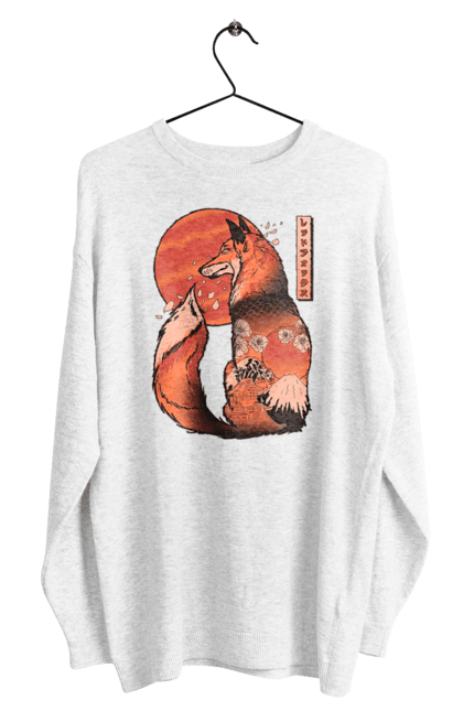 Men's sweatshirt with prints Kitsune. Animal, cherry blossoms, flowers, fox, great wave, japan, japanese, kitsune, mount fuji, red fox. 2070702