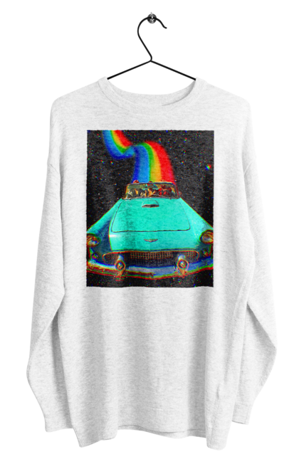 Світшот чоловічий з принтом "Картина, машина у космосі". Веселка, картина, космос, машина, подорожі, поїздка, прикол, ретро. 2070702