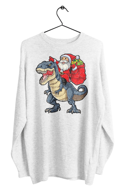 Світшот чоловічий з принтом "Дід мороз на динозаврі доставляє подарунки". Динозавр, дід мороз, зима, новий рік, подарунки, різдво. Піно