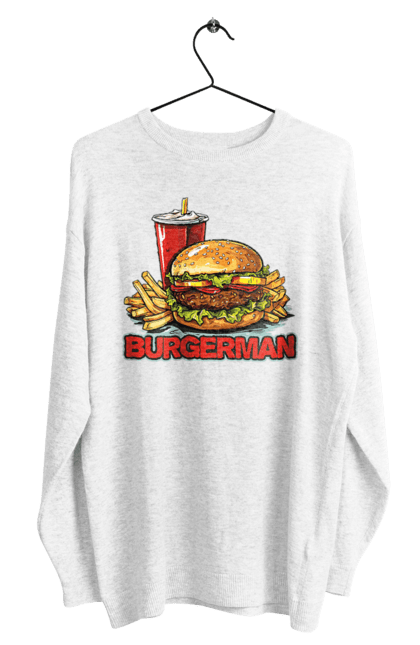 Світшот чоловічий з принтом "Burgerman". Бургер, для чоловіків, їжа, літні, макдональдс, прикольні, трендові, фаст фуд, чоловічі. 2070702