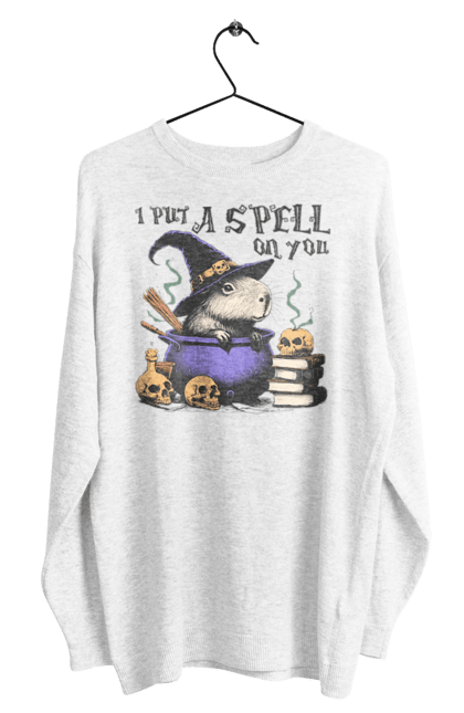 Men's sweatshirt with prints Capybara Halloween. Animal, capybara, ghost, halloween, holiday, moon, pumpkin, rodent, witch. 2070702