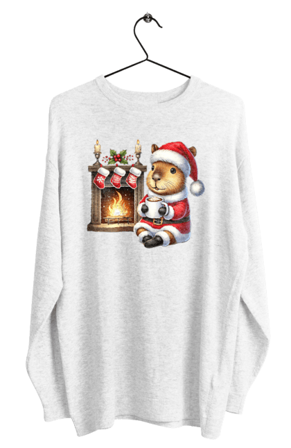 Men's sweatshirt with prints Capybara by the fireplace with hot chocolate. Animal, capybara, christmas, christmas capybara, fireplace, gift, holiday, hot chocolate, new year, santa. 2070702