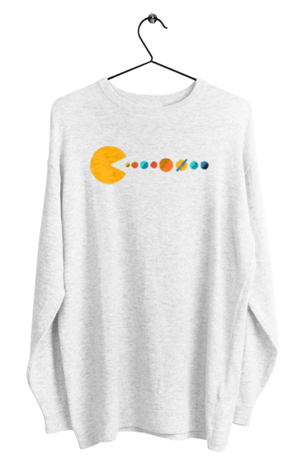 Світшот чоловічий з принтом "Pac Man Planets". Atari, namco, pac man, аркадна відеогра, відеогра, комп`ютерна гра, космос, лабіринт, планети, сонячна система. 2070702