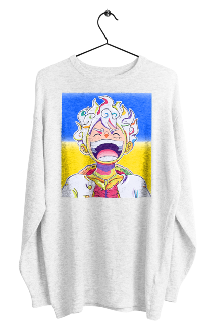 Свитшот мужской с принтом Монки д Луффи смеется на желтом синем фоне.. Ван пис, луффи, монки д. луффи, символ украины, украина, флаг украины. 2070702