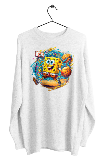 Men's sweatshirt with prints SpongeBob. Animated series, ball, basketball, cartoon, spongebob, spongebob squarepants, sport. 2070702